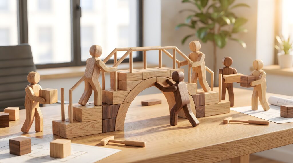 Wooden figures collaborating to build a block bridge on a desk