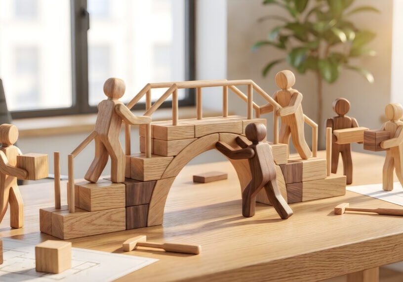 Wooden figures collaborating to build a block bridge on a desk